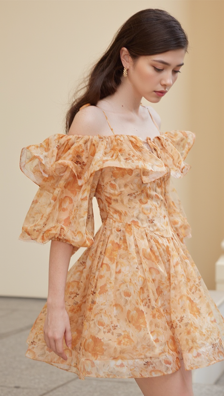 ANNA PRINTED RUFFLE TRIM MINI DRESS IN ORANGE