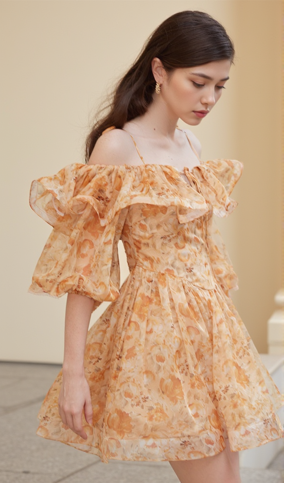 ANNA PRINTED RUFFLE TRIM MINI DRESS IN ORANGE