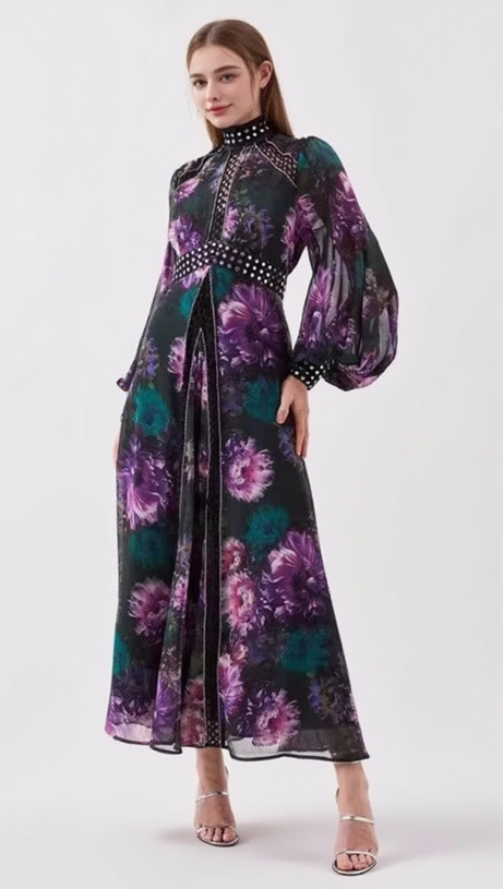 MULTICOLOR STUDDED FLORAL LACE MAXI DRESS
