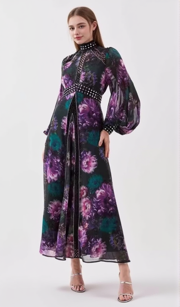 AIIZIE MULTICOLOR STUDDED FLORAL LACE MAXI DRESS - product image