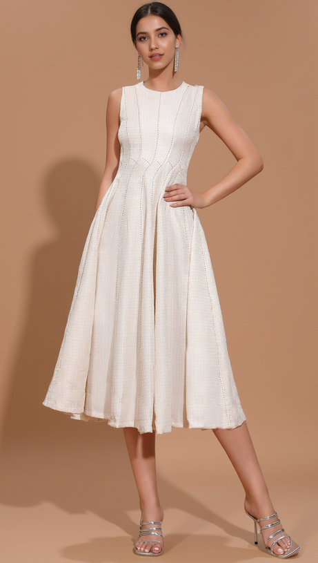 ASTRID SLEEVELESS PLEATED MIDI DRESS IN BEIGE