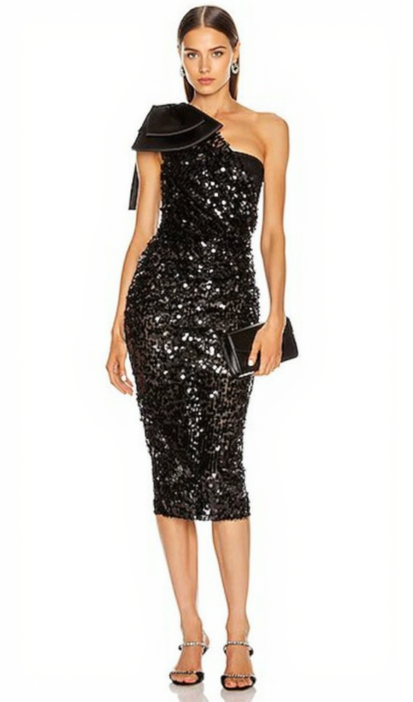 MARY BLACK SEQUINED LONGUETTE DRESS WITH BOW