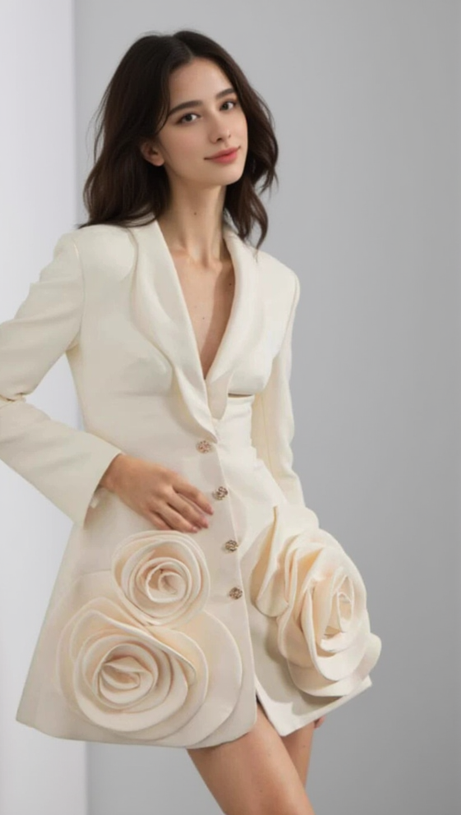 BEULAH 3D FLOWER EMBELLISHED BLAZER IN BEIGE