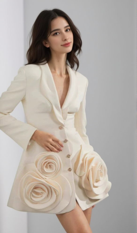 BEULAH 3D FLOWER EMBELLISHED BLAZER IN BEIGE