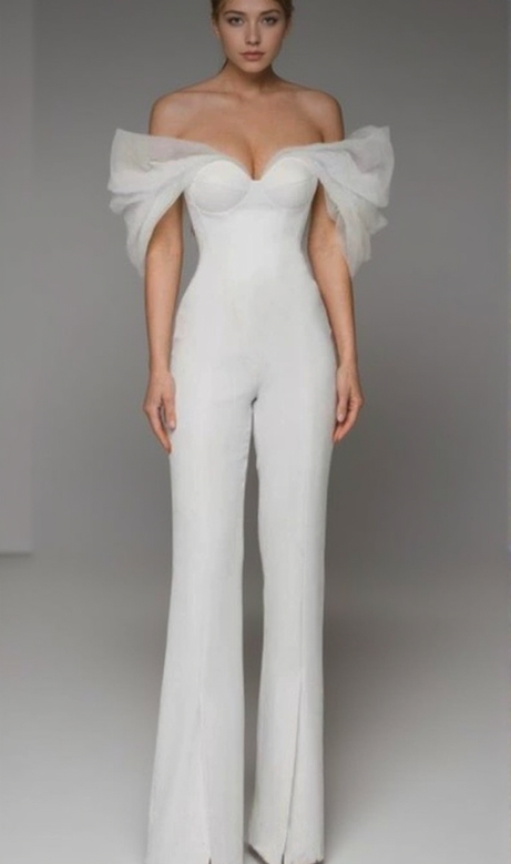 ANILA WHITE TULLE SLEEVE OFF-SHOULDER CORSET JUMPSUIT
