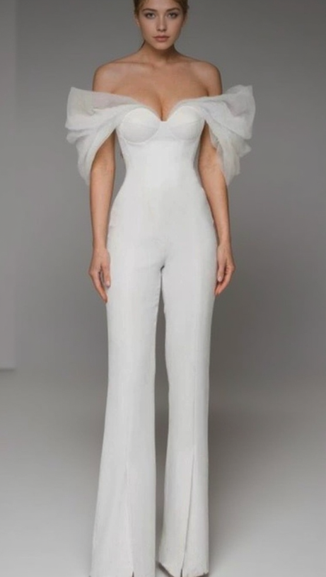 ANILA WHITE TULLE SLEEVE OFF-SHOULDER CORSET JUMPSUIT