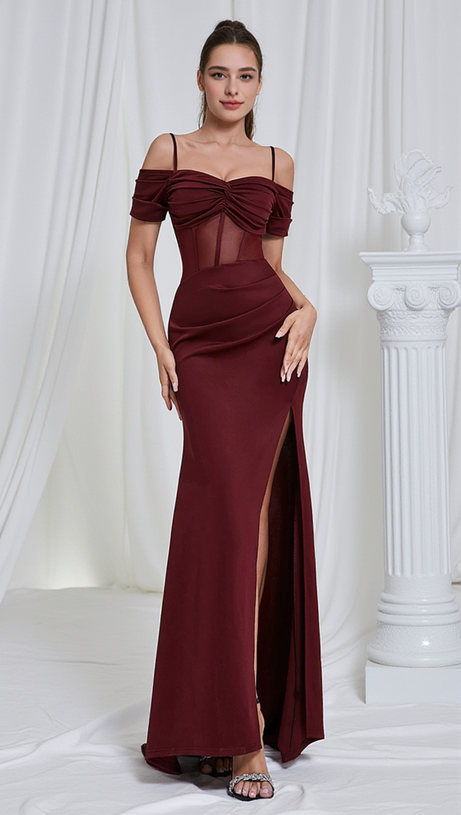 REGINA BURGUNDY HIGH SLIT RUCHED MAXI DRESS