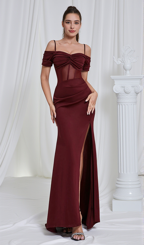 AIIZIE REGINA BURGUNDY HIGH SLIT RUCHED MAXI DRESS - product image
