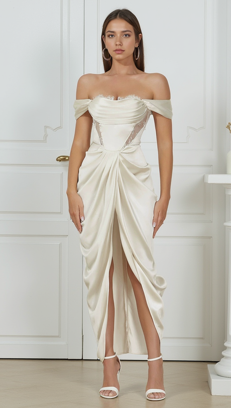 CAMILLE WHITE SATIN CORSET OFF SHOULDER GOWN