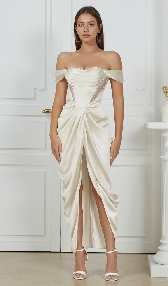 AIIZIE CAMILLE WHITE SATIN CORSET OFF SHOULDER GOWN - product image