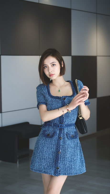 PATRICIA BRAIDED TRIM TEXTURED DRESS IN BLUE