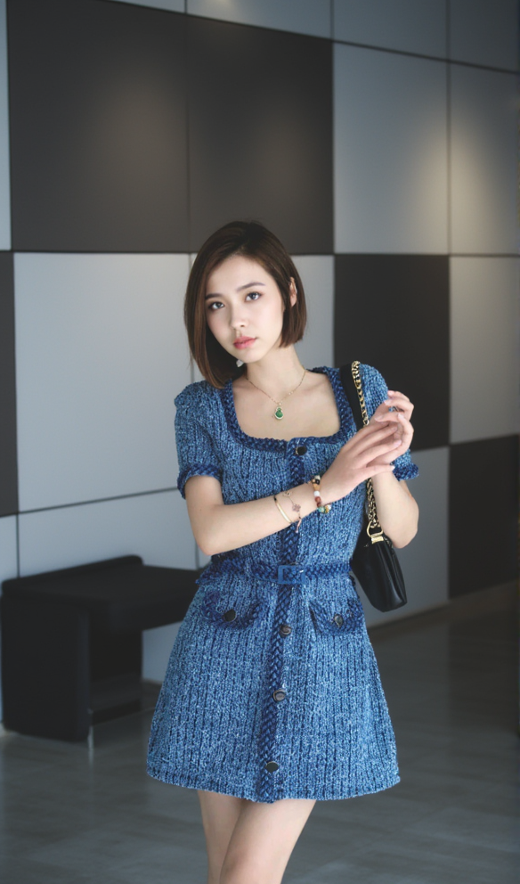 PATRICIA BRAIDED TRIM TEXTURED DRESS IN BLUE