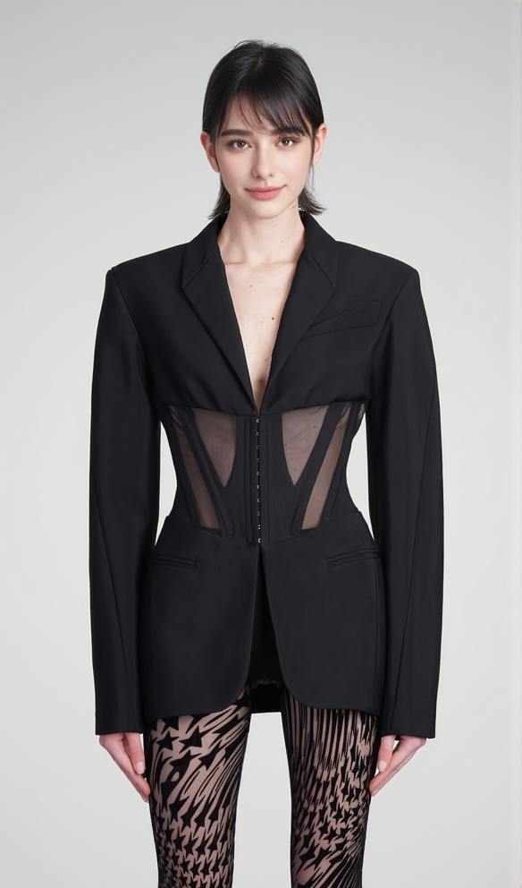 V-NECK CORSET JACKET IN BLACK