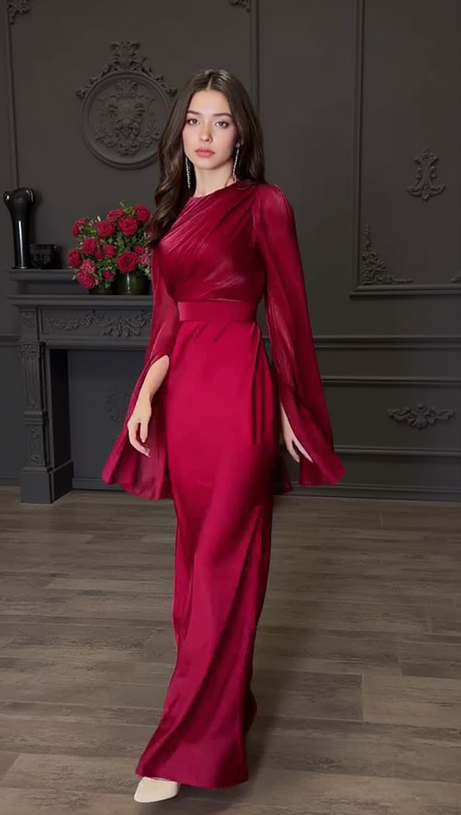 MARCIA TRUMPET SLIT SLEEVE BODYCON MAXI DRESS IN RED