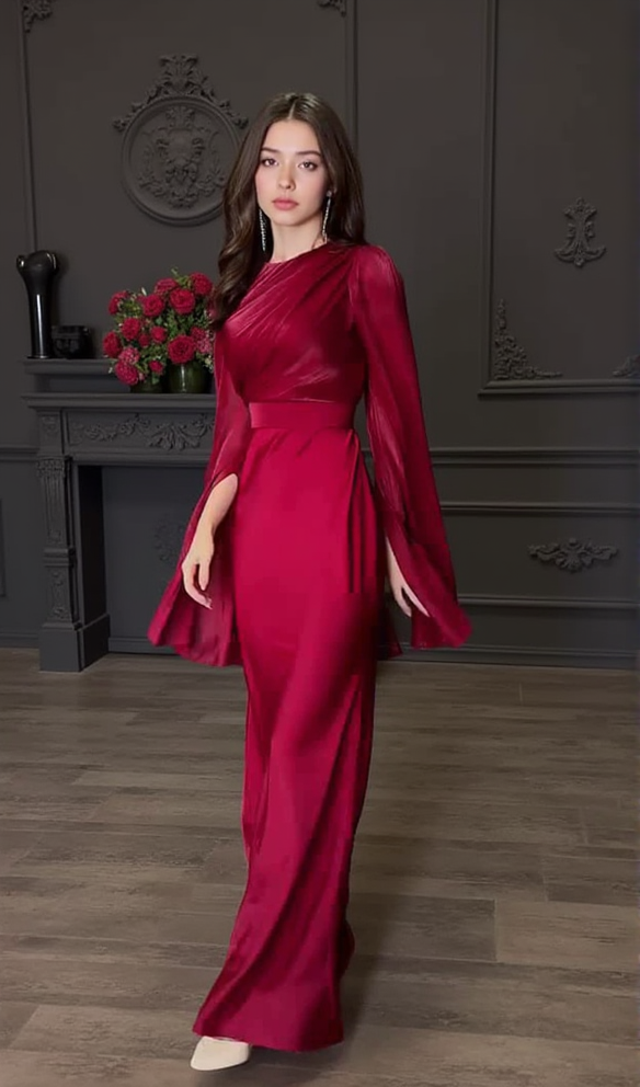AIIZIE MARCIA TRUMPET SLIT SLEEVE BODYCON MAXI DRESS IN RED - product image