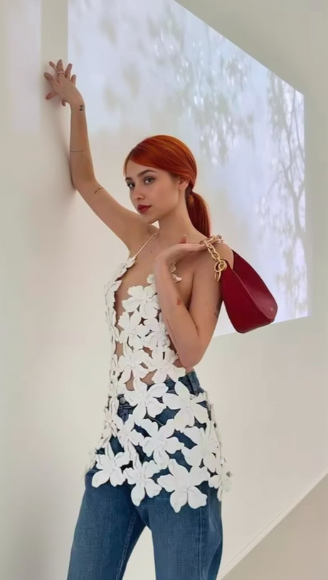 GRISELDA CUTOUT APPLIQUÉD COTTON TOP IN WHITE