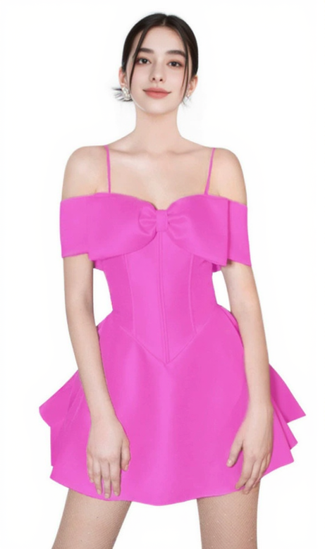 MINI ABITO CON SPALLINE DECORATE E FIOCCO HULDA ROSA SHOCK