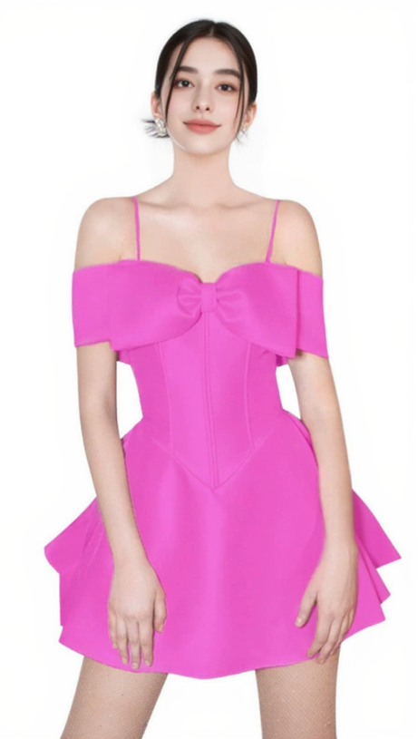 HULDA BOW EMBELLISHED STRAP MINI DRESS IN HOT PINK