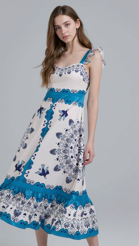 MINI ABITO CON SPALLINE ARRICCIATE E STAMPATE IN BLU