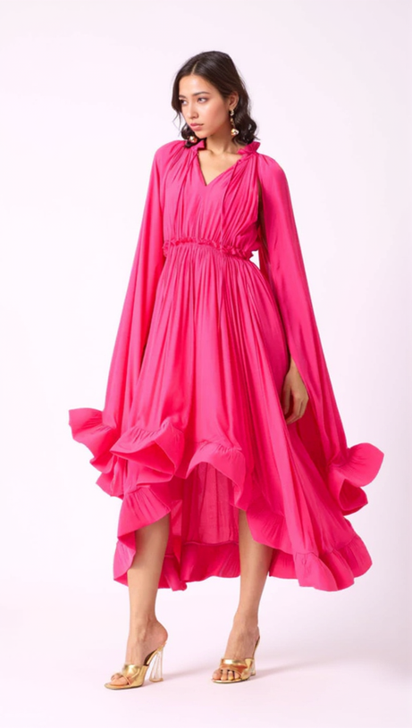 RUFFLE TRIM MAXI DRESS IN ROSE RED