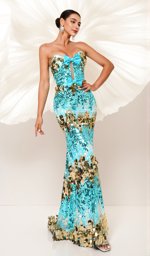 AIIZIE BOW KNOT TUBE TOP LACE-UP SEQUIN DRESS IN BLUE - product image