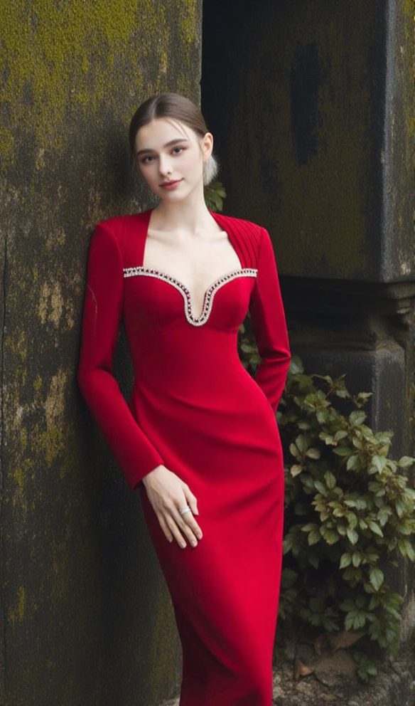 SYLVIA CRYSTAL EMBELLISHED LONG SLEEVE MAXI DRESS IN RED