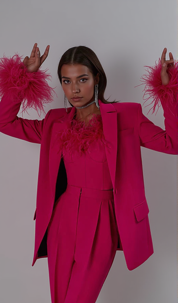 AIIZIE IRMA FEATHER TRIM BLAZER SUITS IN ROSE RED - product image