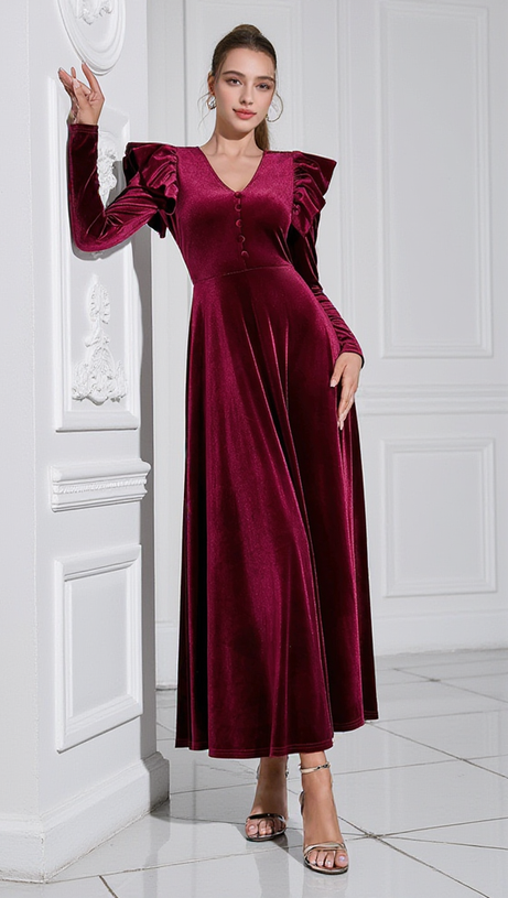 IRMA BURGUNDY V-NECK RUFFLE TRIM EMBELLISHED VELVET MAXI DRESS