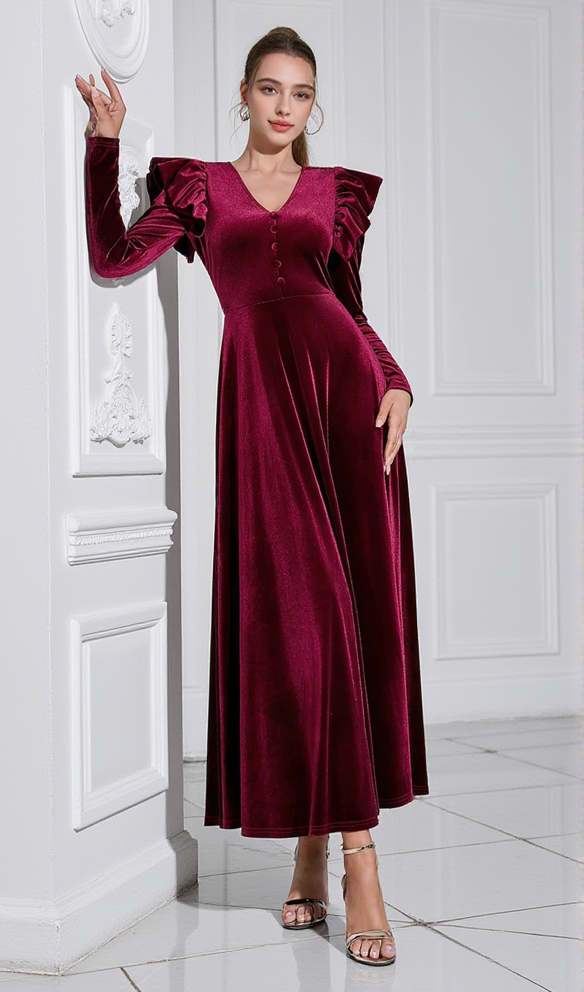 AIIZIE IRMA BURGUNDY V-NECK RUFFLE TRIM EMBELLISHED VELVET MAXI DRESS - product image