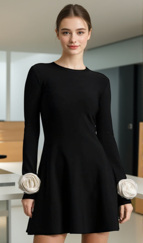 CHERYL 3D-BLUMEN-MINIKLEID MIT RUNDHALSAUSSCHNITT UND LANGEN ÄRMELN, SCHWARZ