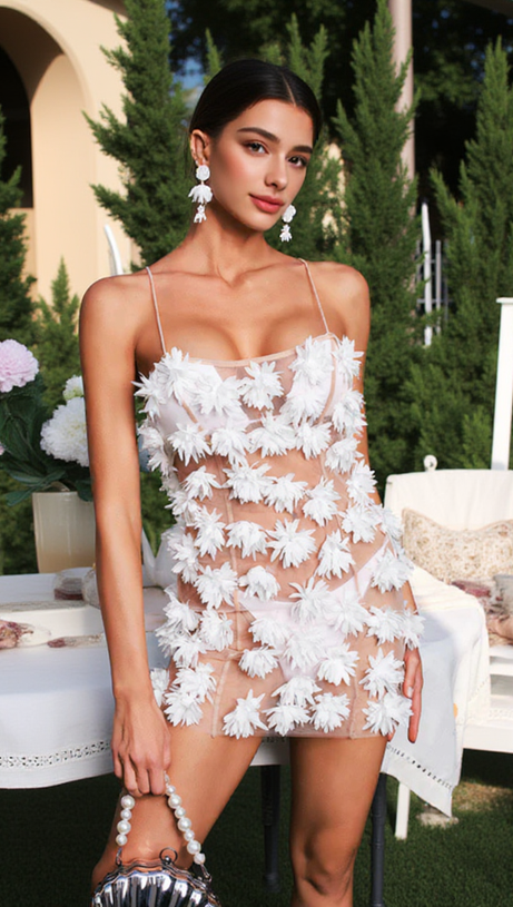 FLOWER EMBELLISHED MINI DRESS IN WHITE
