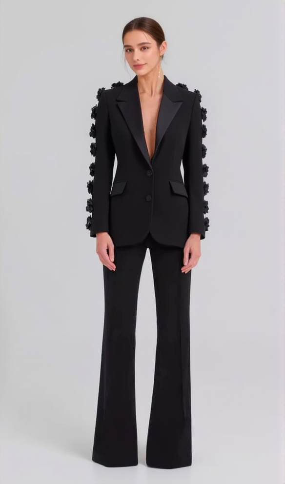 AIIZIE LEONIE FLOWER EMBELLISHED BLACK BLAZER - product image