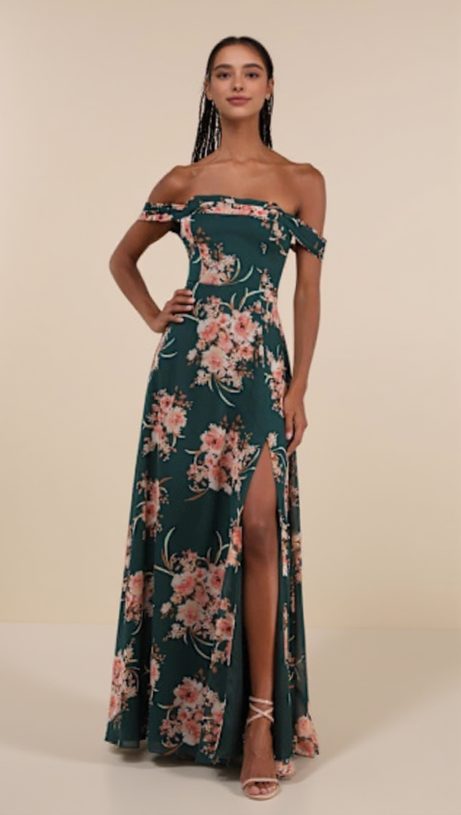 EMERALD GREEN FLORAL OFF-THE-SHOULDER MAXI DRESS AIIZIE EMERALD GREEN FLORAL OFF-THE-SHOULDER MAXI DRESS AIIZIE