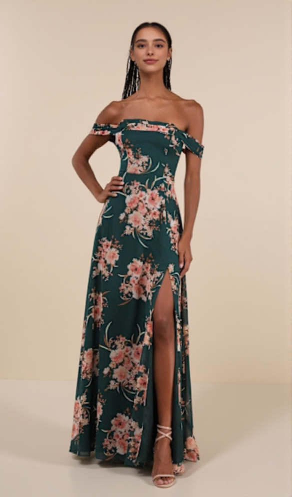 EMERALD GREEN FLORAL OFF-THE-SHOULDER MAXI DRESS