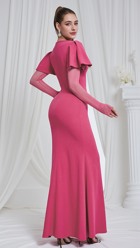 HILDA RUFFLE TRIM SLEEVE BODYCON MAXI DRESS IN ROSE RED