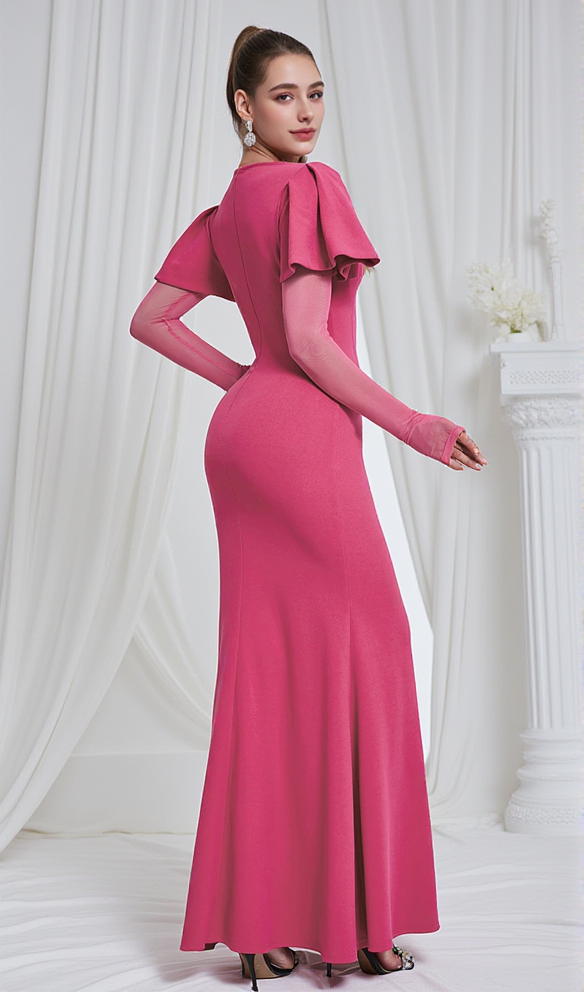 AIIZIE HILDA RUFFLE TRIM SLEEVE BODYCON MAXI DRESS IN ROSE RED - product image