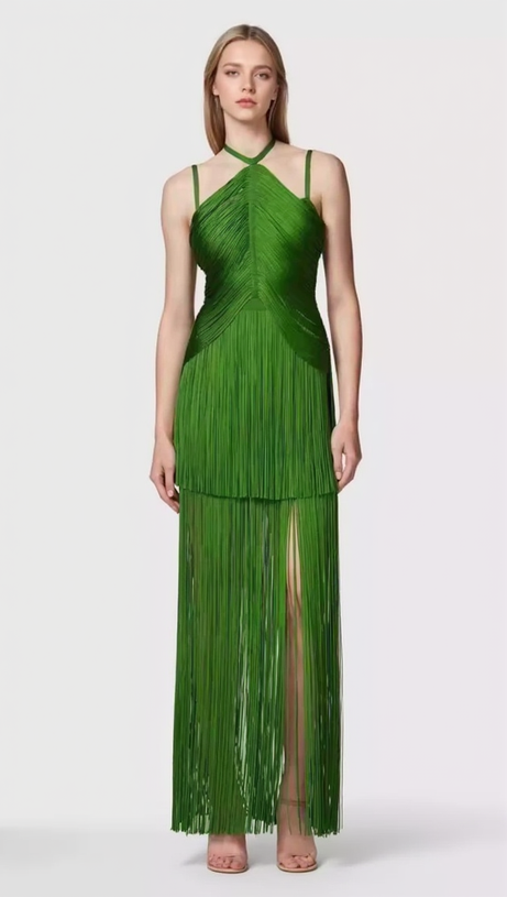 BRIANNA HALTER NECK FRINGE TASSEL DRESS IN GREEN