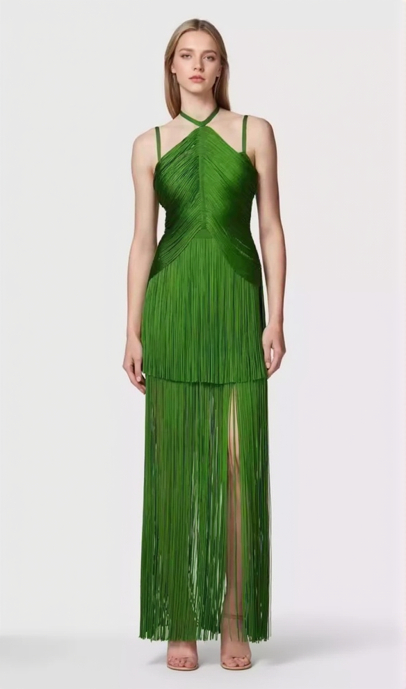 AIIZIE BRIANNA HALTER NECK FRINGE TASSEL DRESS IN GREEN - product image