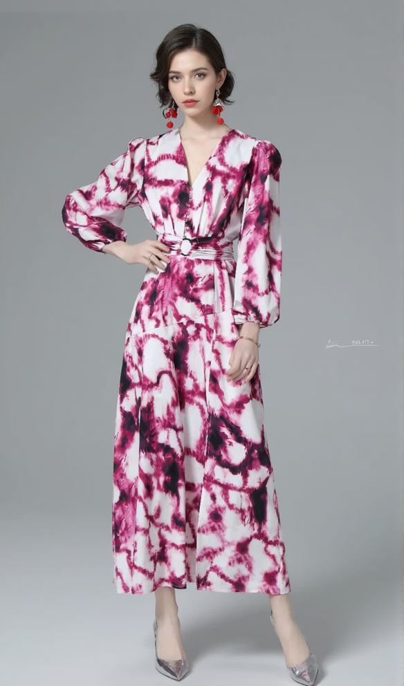 SUSANNA FUCHSIA MAXIKLEID AUS SATIN MIT GÜRTEL UND Batikmuster