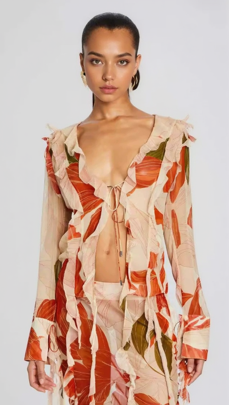 GLORIA PRINTED CUT OUT RUFFLE TRIM SKIRT SUIT