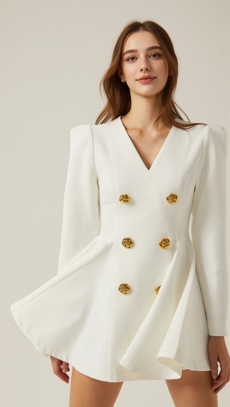GOLD-BUTTON PLEATED PEPLUM-HEM WHITE  BLAZER DRESS
