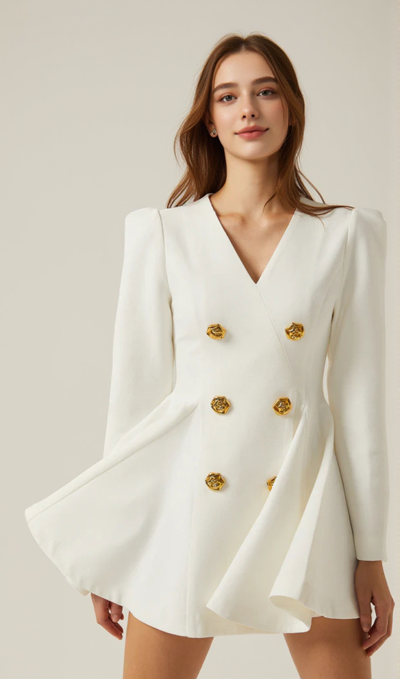 gold-button pleated peplum-hem white  blazer dress