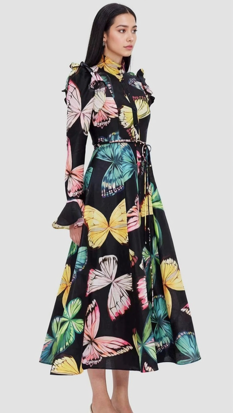BUTTERFLY SLEEVE PAPILLON PRINT MIDI DRESS IN BLACK