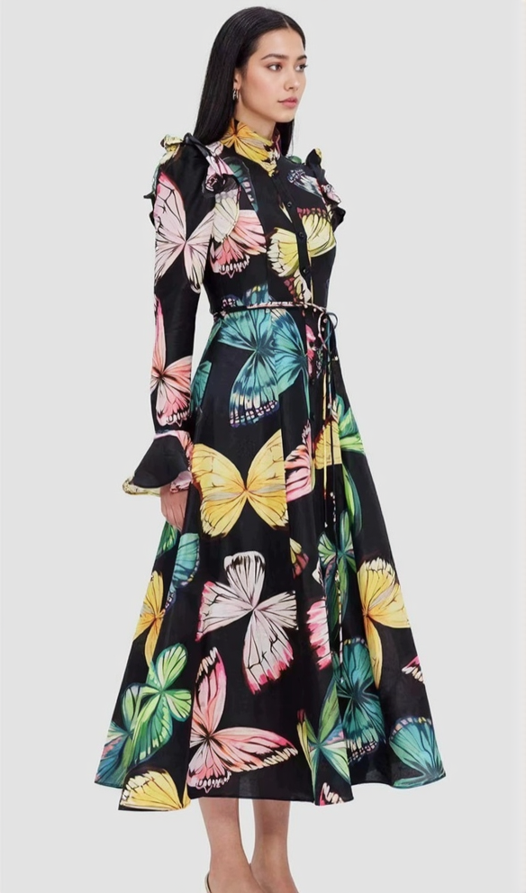 AIIZIE BUTTERFLY SLEEVE PAPILLON PRINT MIDI DRESS IN BLACK - product image