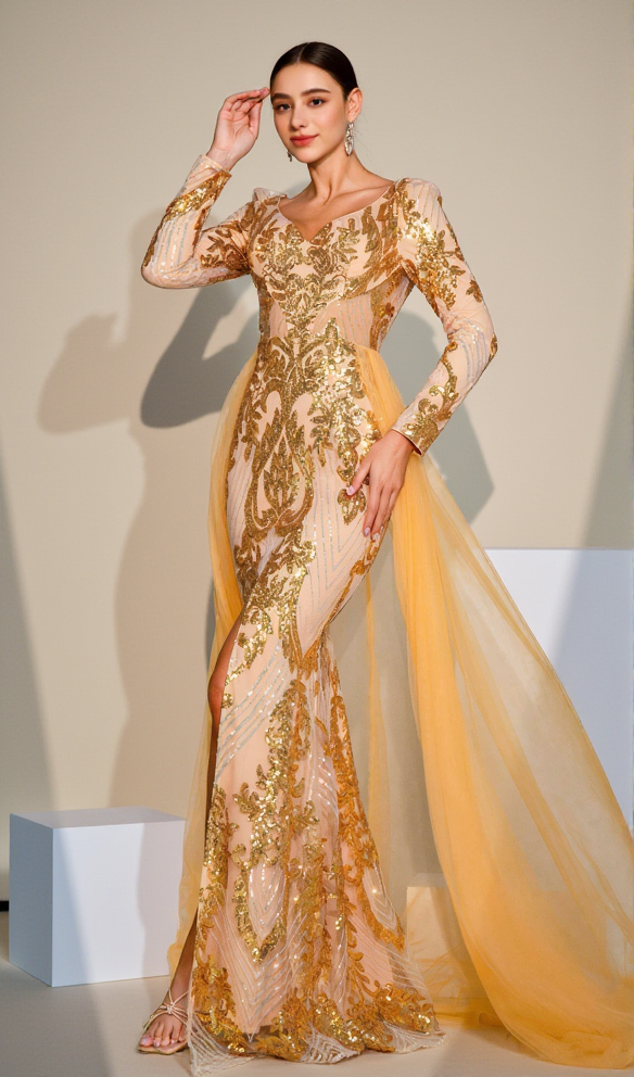 AIIZIE LONG SLEEVE SPLIT GOLD SEQUIN MAXI DRESS - product image