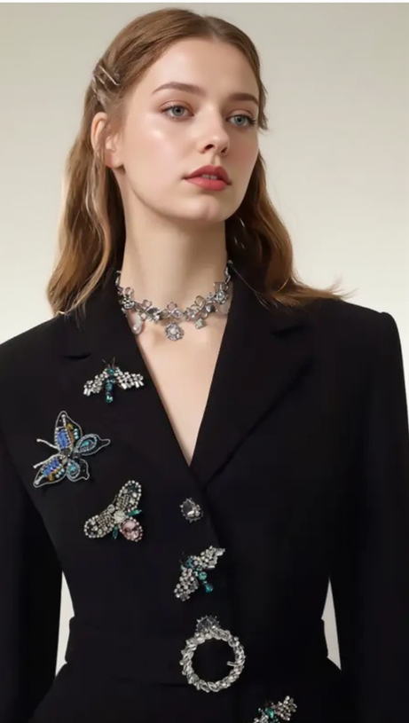 OCTAVIA BUTTERFLY EMBELLISH BLACK JACKET PANTS SUIT