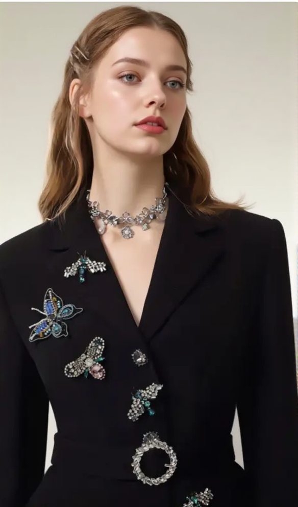 OCTAVIA BUTTERFLY EMBELLISH BLACK JACKET PANTS SUIT