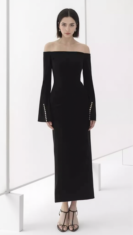 DOROTHY BLACK SHEATH OFF-SHOULDER RUCHED MIDI DRESS