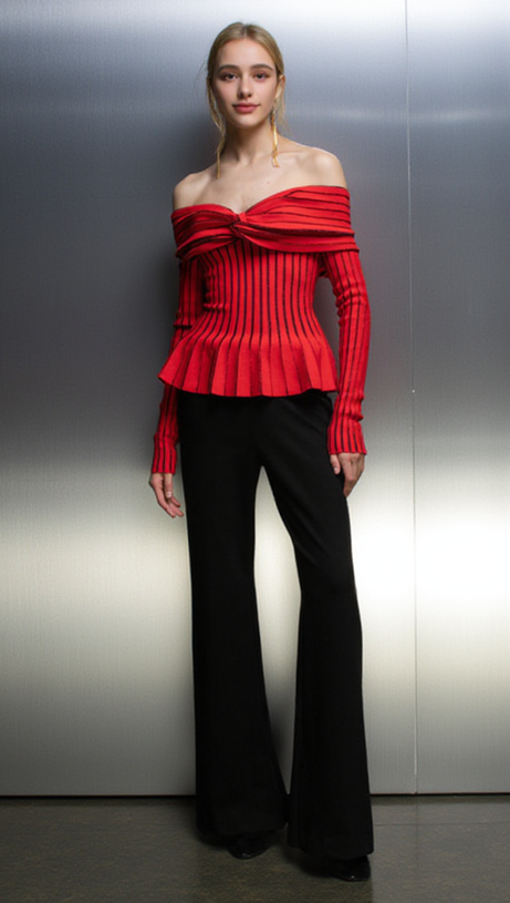 ESTHER STRICK-OFF-SHOULDER-TOP MIT GESTREIFTEN RÜSCHEN