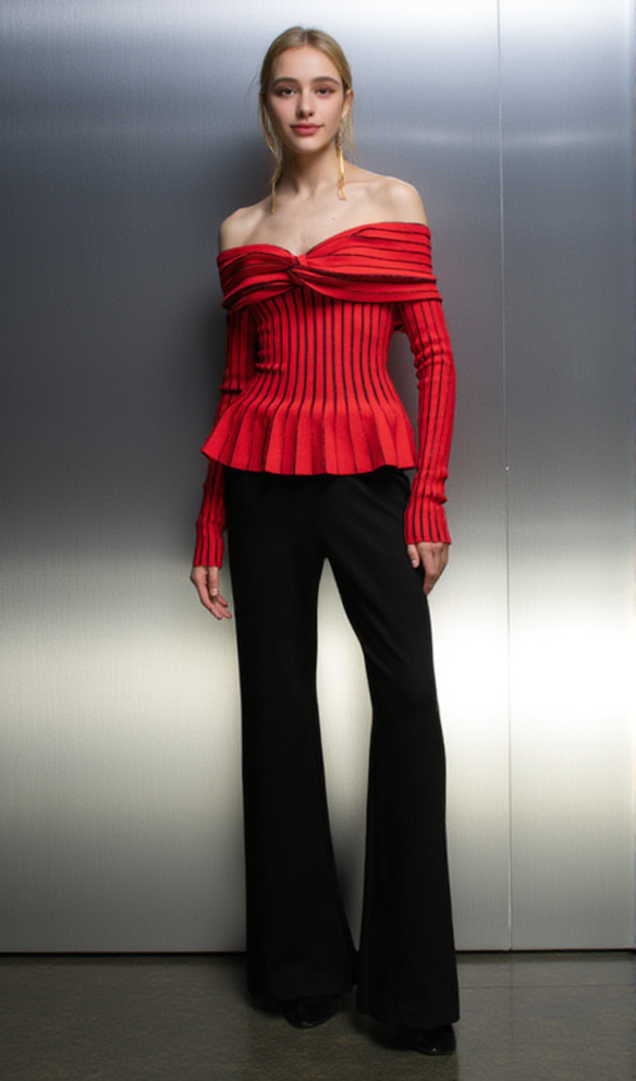 AIIZIE ESTHER KNIT STRIPE RUCHED OFF-SHOULDER TOP - product image